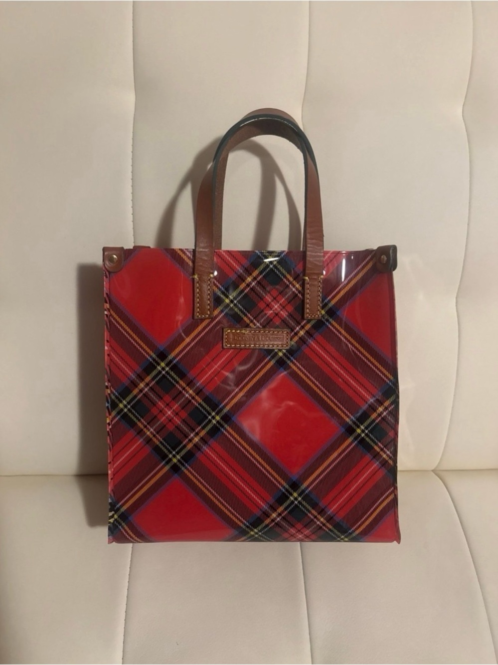 “Dooney & Bourke” Red Tartan Tote w/British Tan Leather Handles